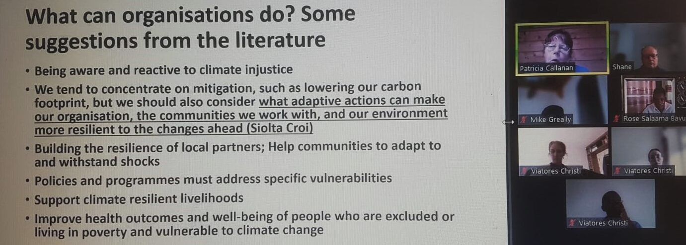 Screenshot from VC's recent online climate action workshop. Image of a PowerPoint slide entitled "What can organisations do? Some suggestions from the literature" and to the right, a Zoom gallery view of 7 VC staff members in attendance.